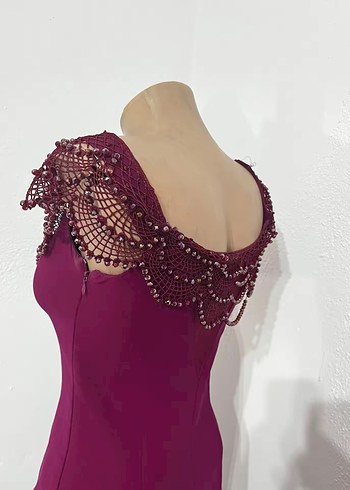 Bordo Straplez İşlemeli Uzun Abiye Elbise - Görsel 9