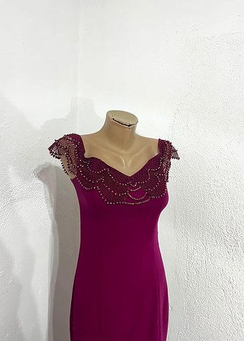 Bordo Straplez İşlemeli Uzun Abiye Elbise - Görsel 3