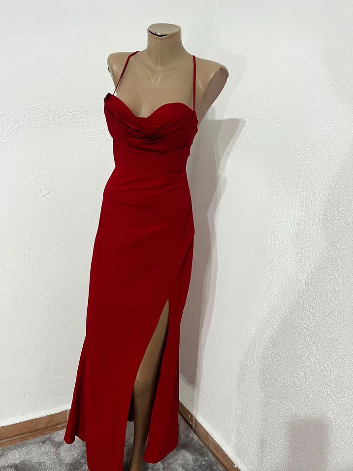 Kırmızı Drapeli Uzun İp Askılı Elbise - Görsel 4