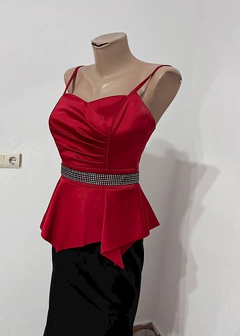 Kırmızı Drapeli Uzun Abiye Elbise - Görsel 2