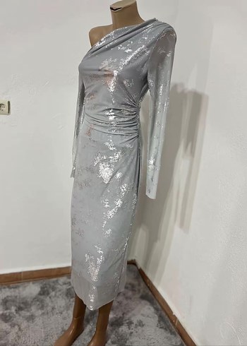 Gri Uzun Drapeli Abiye Elbise - Görsel 2