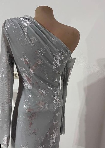 Gri Uzun Drapeli Abiye Elbise - Görsel 5