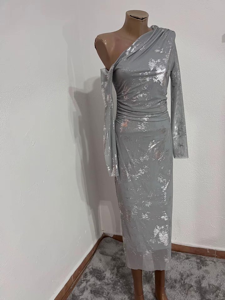 Gri Uzun Drapeli Abiye Elbise - Görsel 4