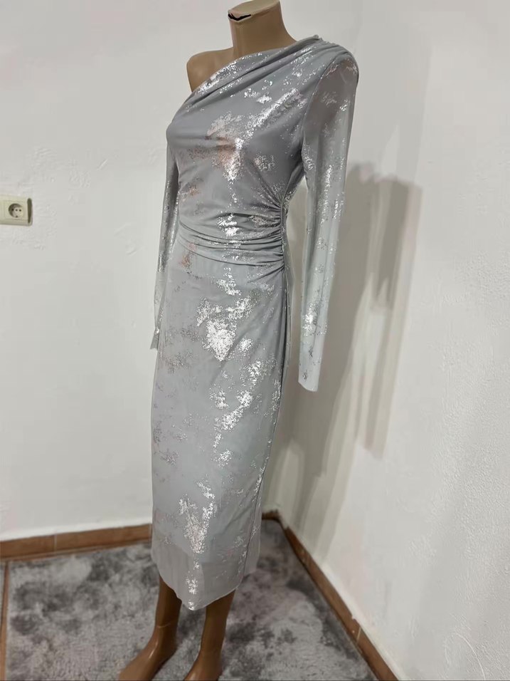 Gri Uzun Drapeli Abiye Elbise - Görsel 2