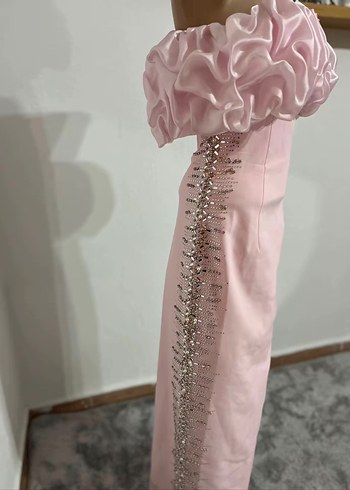 Pembe Straplez Uzun Nakışlı Abiye Elbise - Görsel 4