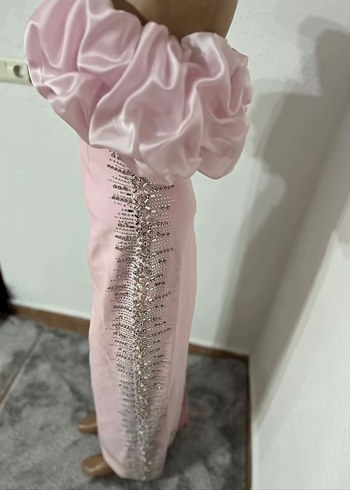 Pembe Straplez Uzun Nakışlı Abiye Elbise - Görsel 9