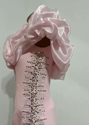 Pembe Straplez Uzun Nakışlı Abiye Elbise - Görsel 3