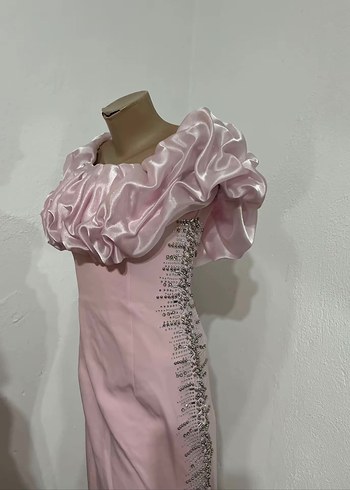 Pembe Straplez Uzun Nakışlı Abiye Elbise - Görsel 6