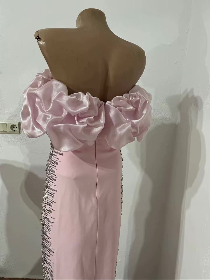 Pembe Straplez Uzun Nakışlı Abiye Elbise - Görsel 5