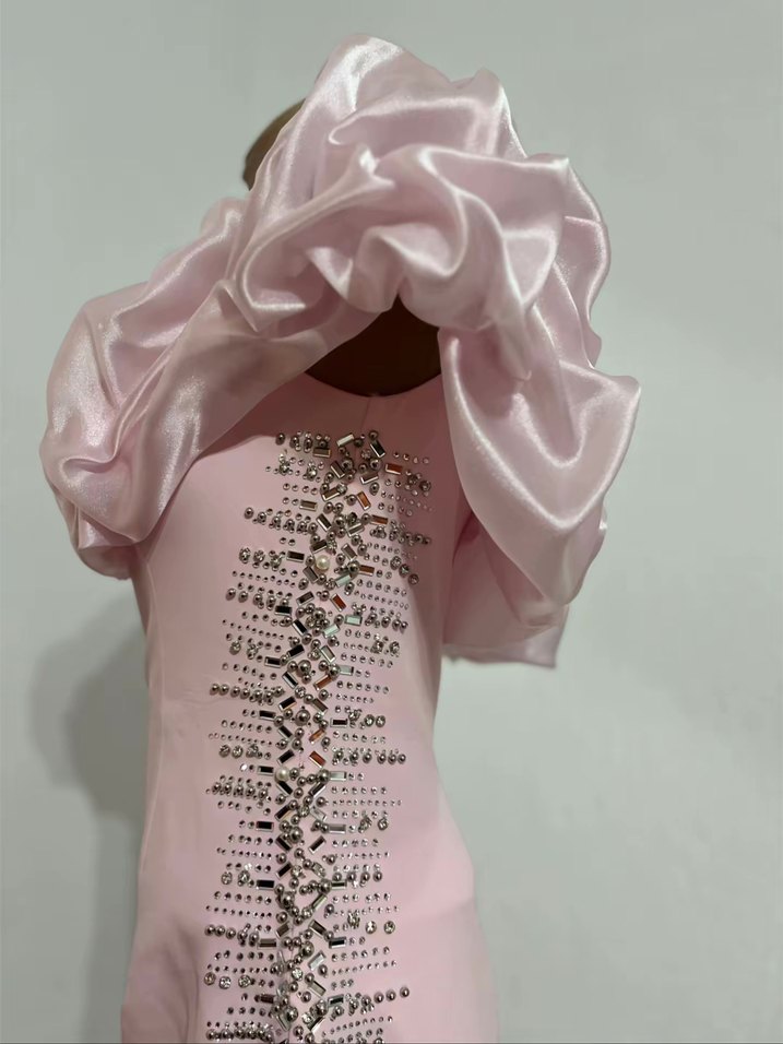 Pembe Straplez Uzun Nakışlı Abiye Elbise - Görsel 3