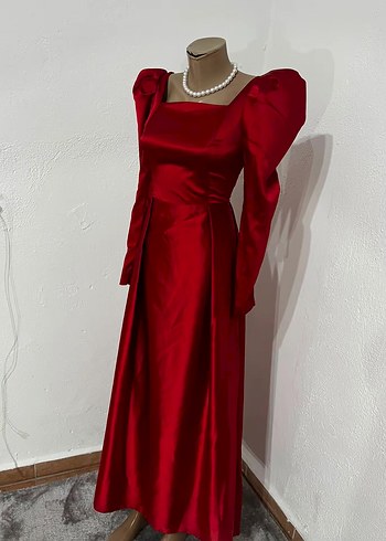 Saten Kırmızı Uzun Abiye Elbise - Görsel 7