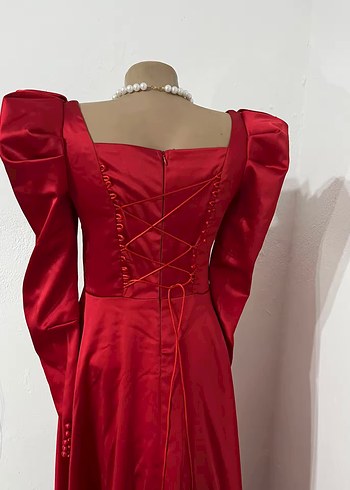Saten Kırmızı Uzun Abiye Elbise - Görsel 6