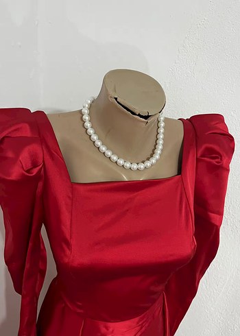 Saten Kırmızı Uzun Abiye Elbise - Görsel 3