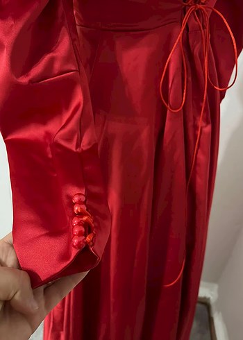Saten Kırmızı Uzun Abiye Elbise - Görsel 4