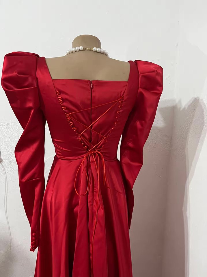 Saten Kırmızı Uzun Abiye Elbise - Görsel 2