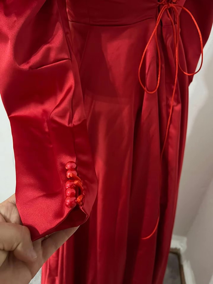Saten Kırmızı Uzun Abiye Elbise - Görsel 4