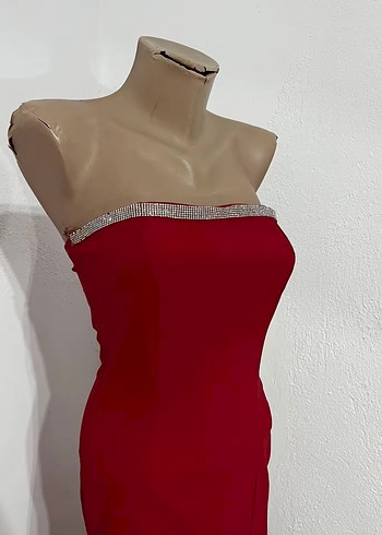 Kırmızı Straplez Uzun Abiye Elbise - Görsel 3