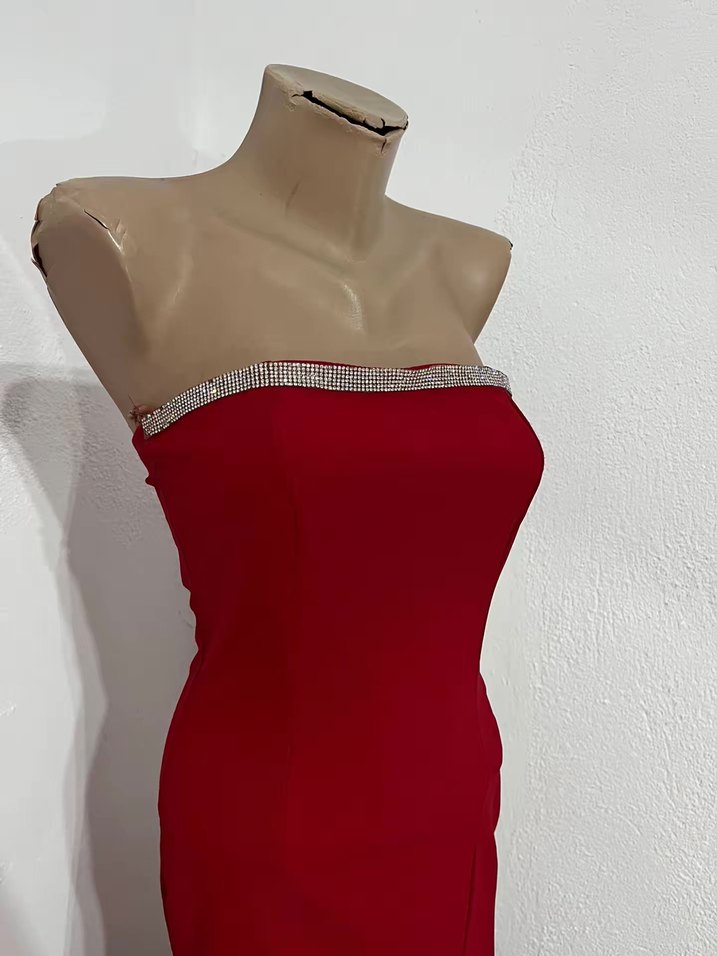 Kırmızı Straplez Uzun Abiye Elbise - Görsel 3