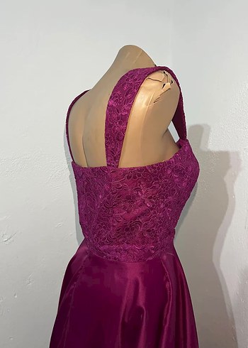 Bordo Uzun Dantel Detaylı Abiye Elbise - Görsel 4