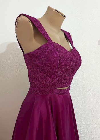 Bordo Uzun Dantel Detaylı Abiye Elbise - Görsel 6