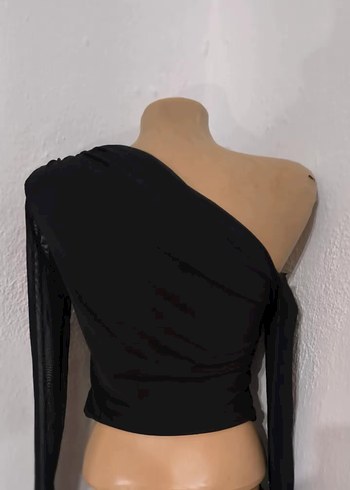 Tek Omuz Drapeli Siyah Mini Bluz - Görsel 2