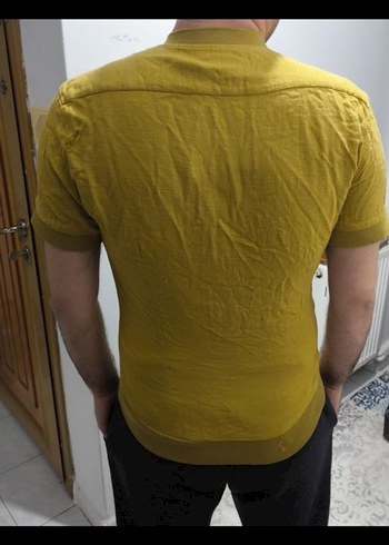 Sarı Keten Düğmeli Kısa Kollu Erkek Tişört - Görsel 2