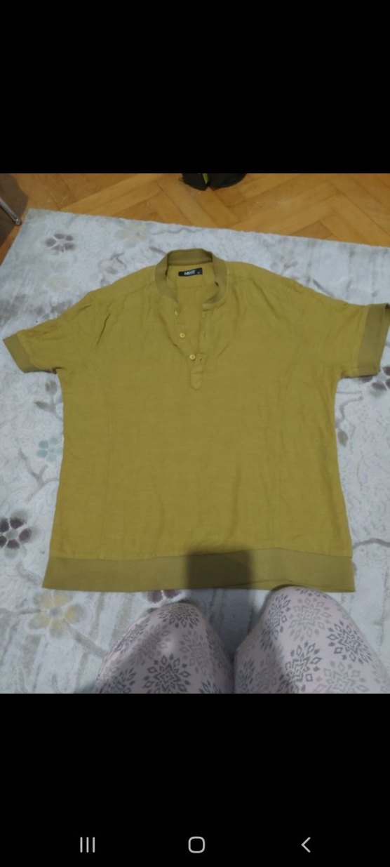 Sarı Keten Düğmeli Kısa Kollu Erkek Tişört - Görsel 3