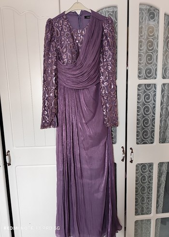 Uzun Kollu Mor Nakışlı Kadın Abiye Elbise - Görsel 3