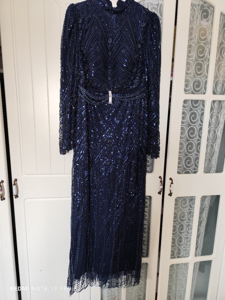 Boncuk İşlemeli Lacivert Uzun Abiye Elbise - Görsel 5