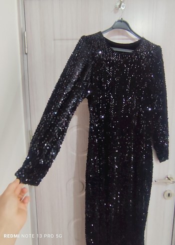 Siyah Uzun Kollu Payetli Uzun Abiye Elbise - Görsel 2