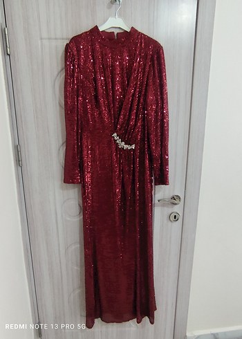 Kırmızı Parlak Payetli Uzun Abiye Elbise - Görsel 2