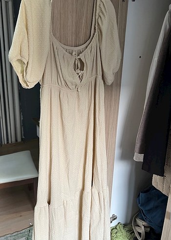 Bej Uzun Keten Salaş Bohem Elbise - Görsel 2