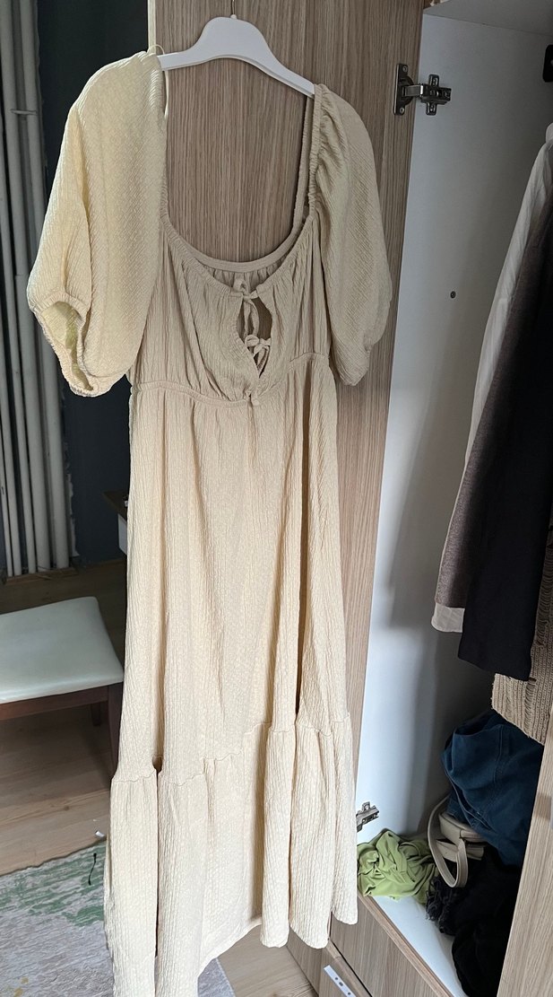 Bej Uzun Keten Salaş Bohem Elbise - Görsel 2