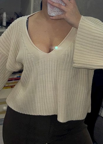 Bej V Yaka Fitilli Triko Kadın Kazak - Görsel 3