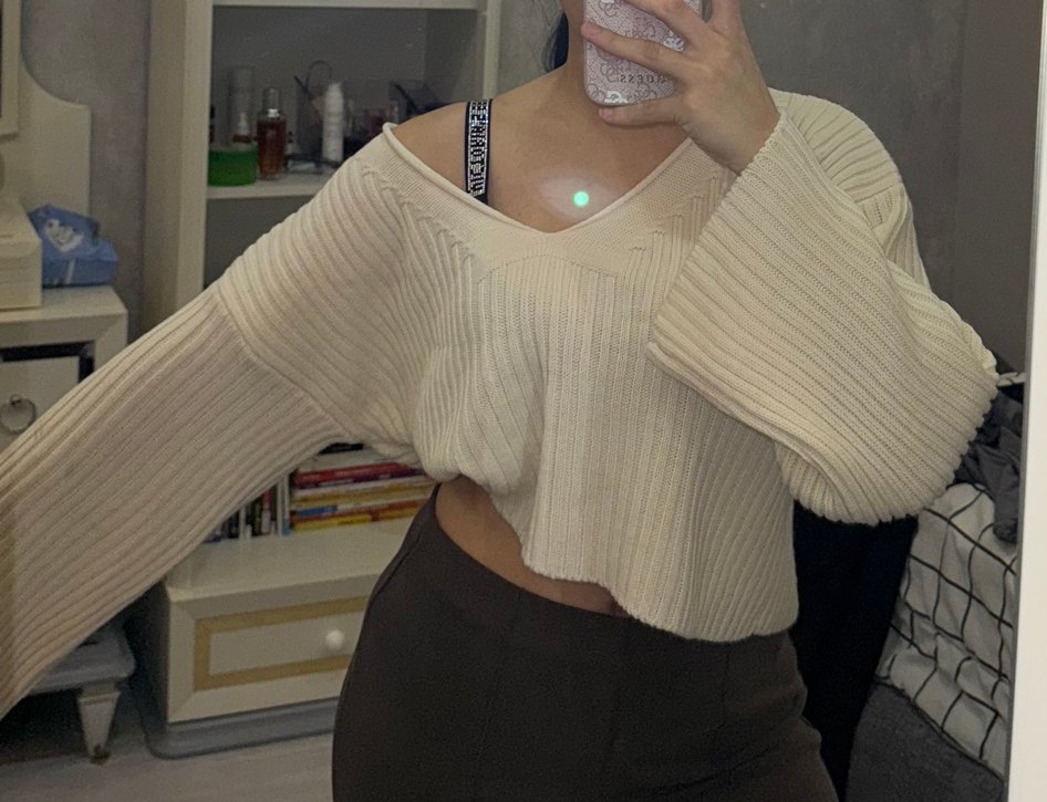 Bej V Yaka Fitilli Triko Kadın Kazak - Görsel 2