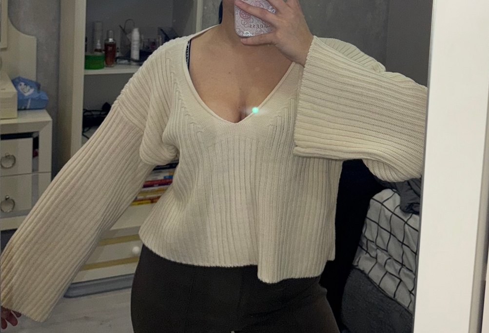 Bej V Yaka Fitilli Triko Kadın Kazak - Görsel 3