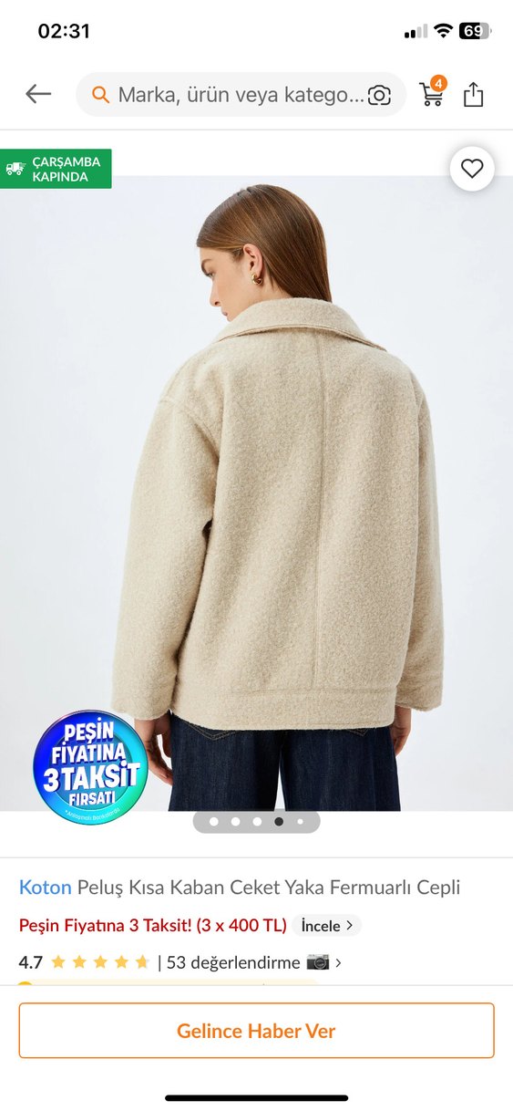 Koton Peluş Kısa Kaban Ceket Yaka Fermuarlı - Görsel 2