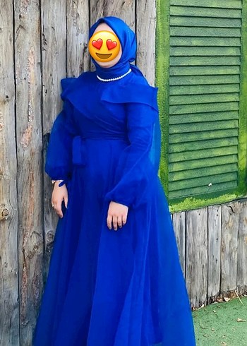 Uzun Kollu Mavi Bohem Uzun Abiye Elbise - Görsel 2