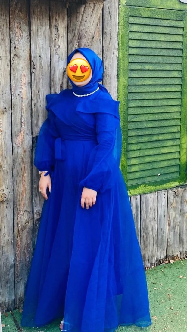 Uzun Kollu Mavi Bohem Uzun Abiye Elbise - Görsel 2