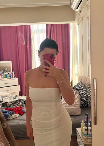 Beyaz Drapeli Straplez Uzun Elbise - Görsel 2