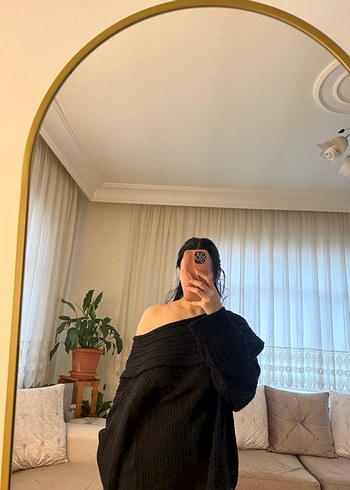 Siyah Yüksek Yakalı Salaş Kadın Triko Kazak - Görsel 2