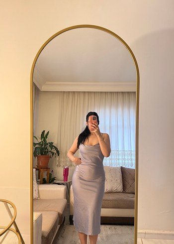 Gri Midi Saten Elbise - Görsel 2