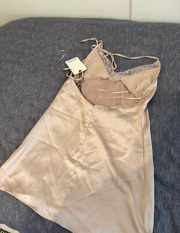 Bej Dantel Detaylı İp Askılı Mini elbise - Görsel 2