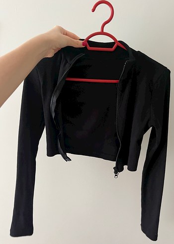 Siyah çift  Fermuarlı Kadın Crop hırka - Görsel 2