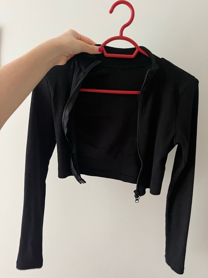 Siyah çift  Fermuarlı Kadın Crop hırka - Görsel 2