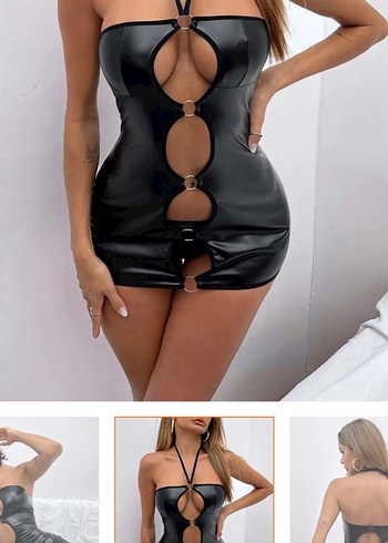 Siyah Parlak deri görünümlü fantezi  gecelik/ elbise - Görsel 3