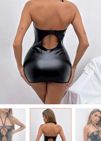 Siyah Parlak deri görünümlü fantezi  gecelik/ elbise - Görsel 4