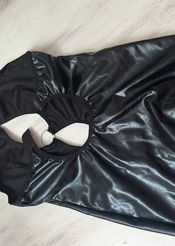 Siyah Parlak deri görünümlü fantezi  gecelik/ elbise - Görsel 2