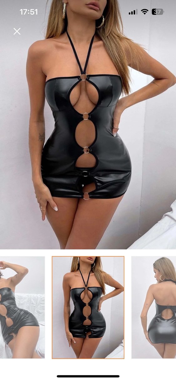 Siyah Parlak deri görünümlü fantezi  gecelik/ elbise - Görsel 3