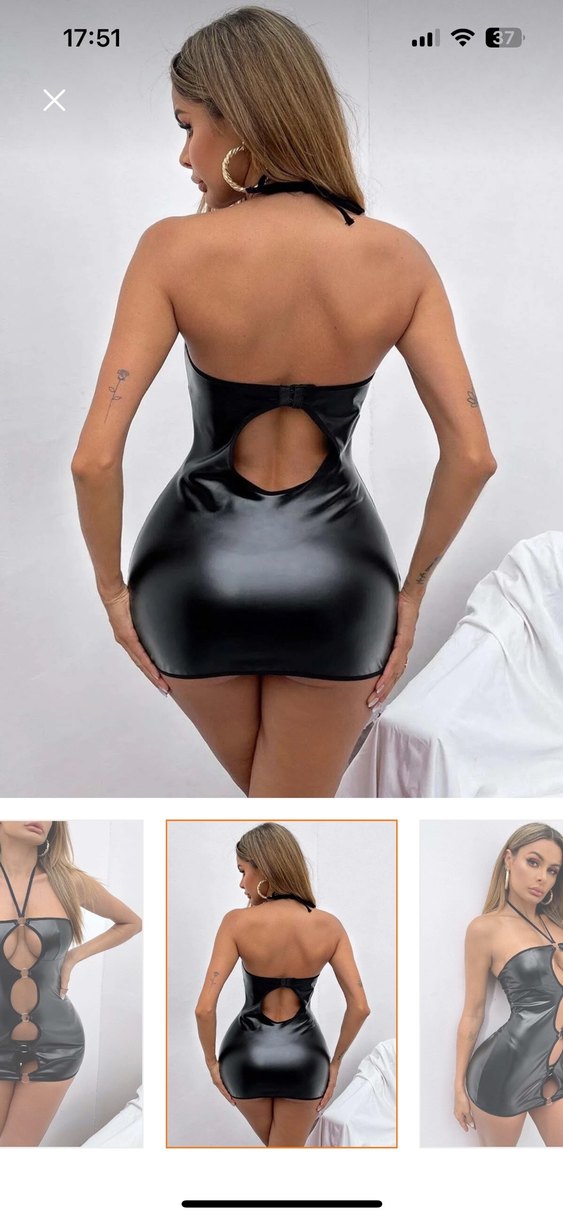 Siyah Parlak deri görünümlü fantezi  gecelik/ elbise - Görsel 4